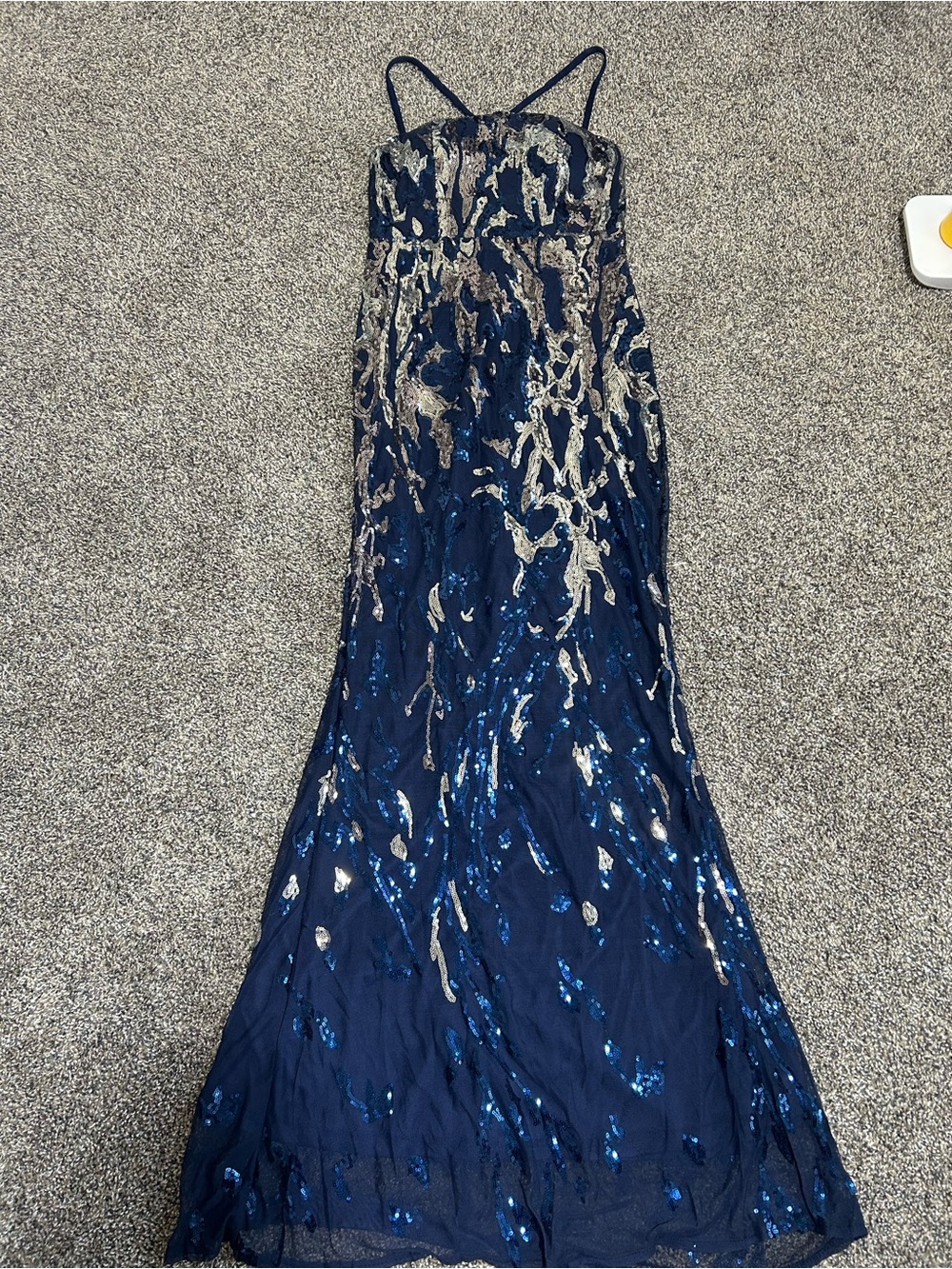 Source Unknown Navy and Gold Sequin Spaghetti Strap Prom Dress